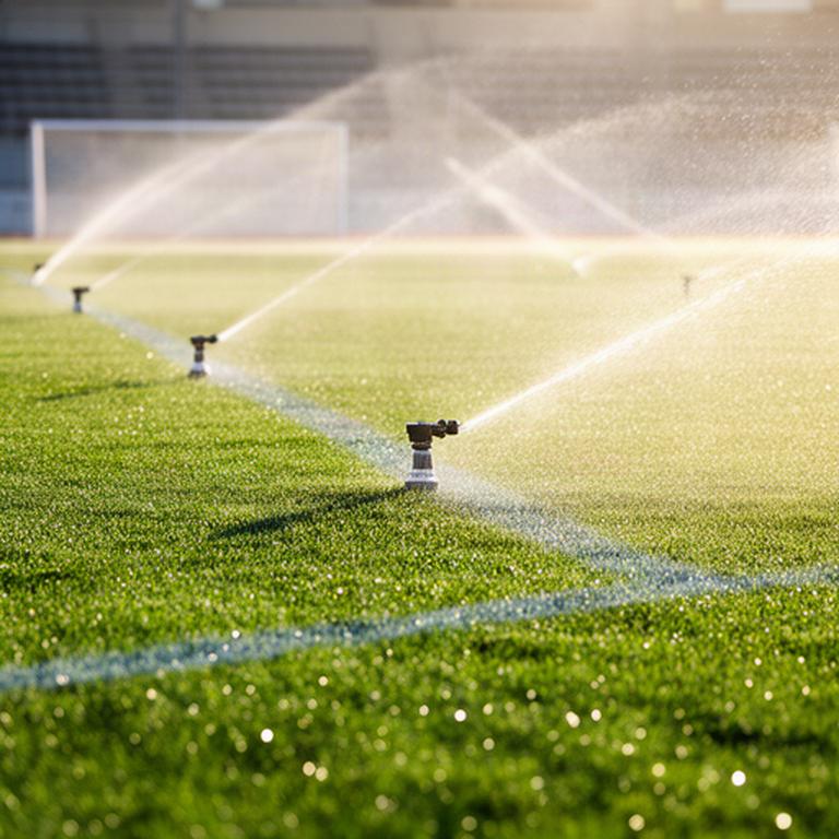 Aspersores automáticos regando el césped natural de un campo de fútbol profesional