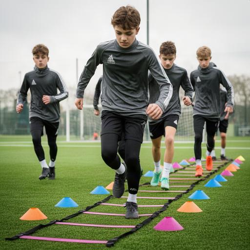 Grupo de futbolistas adolescentes completando ejercicios de agilidad en el campo de entrenamiento