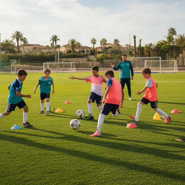 Jóvenes jugadores realizando ejercicios técnicos durante un entrenamiento de fútbol